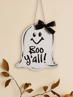 Halloween Ghost Wood Hanging Sign White Smiling Ghost Decor with Black Bow Cute Spooky Door Wall Decoration for Home Party Gift