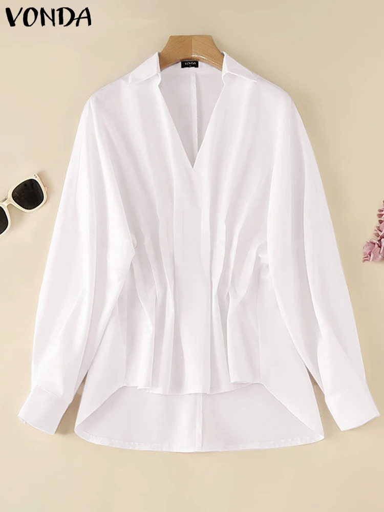 Plus Size 5XL VONDA Women Shirts Blouse 2024 Casual Long Sleeve Fashion Pleated Tops Sexy Turn-down Collar Solid Color Shirts