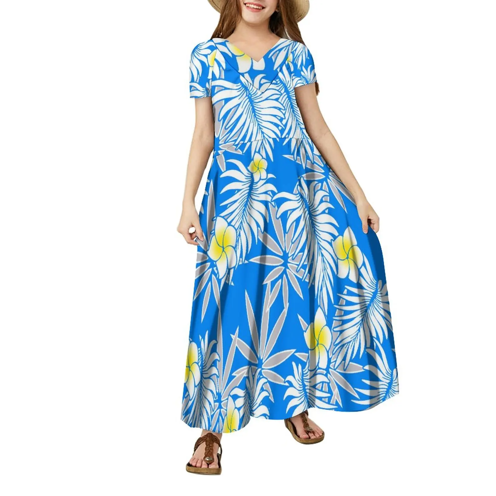 Polynesian Samoa Tropical Flower and Plant Pattern Girls Maxi Dress