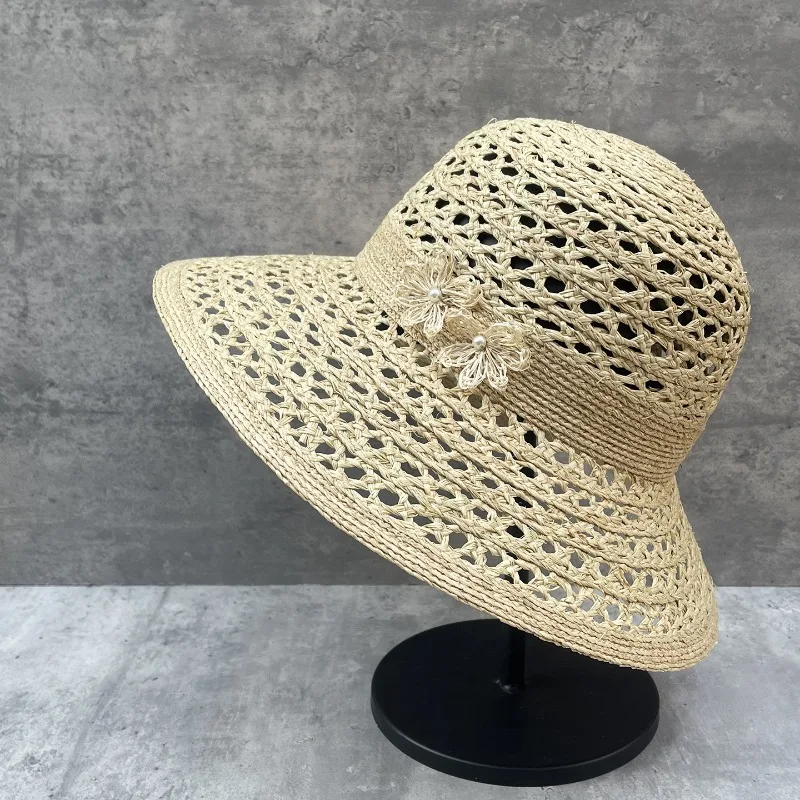 Women's Summer Elegant Floral Raffia Woven Hat Hollow Wide Brim Beach Vacation Sun Protection Cap