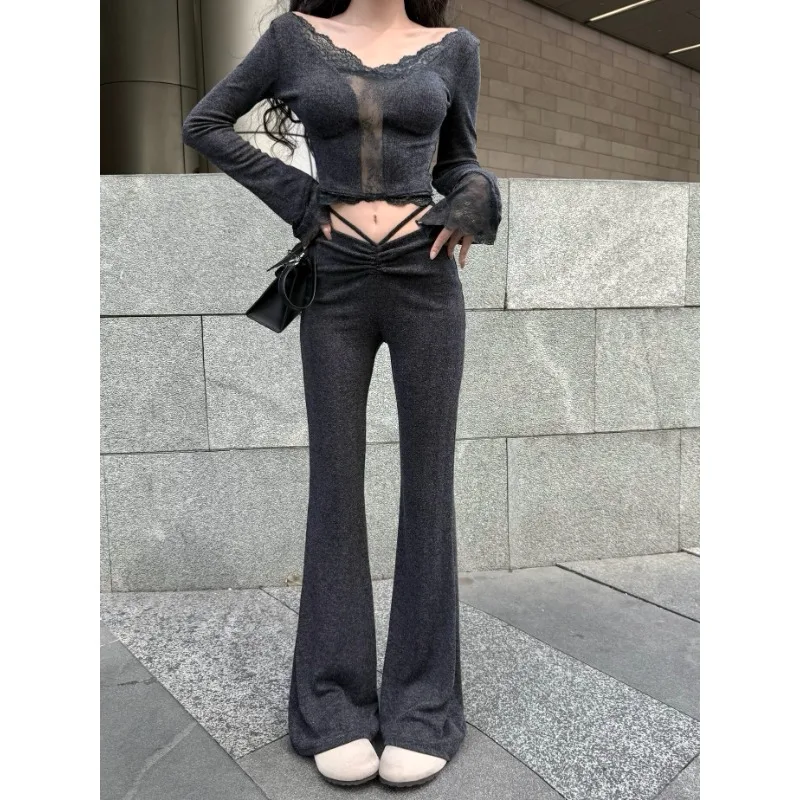 2025 Spring New V-neck Lace Splicing Backless Gray Long-sleeved T-shirt Women + High Waist Pleated Wide Leg Pants Two-piece Suit