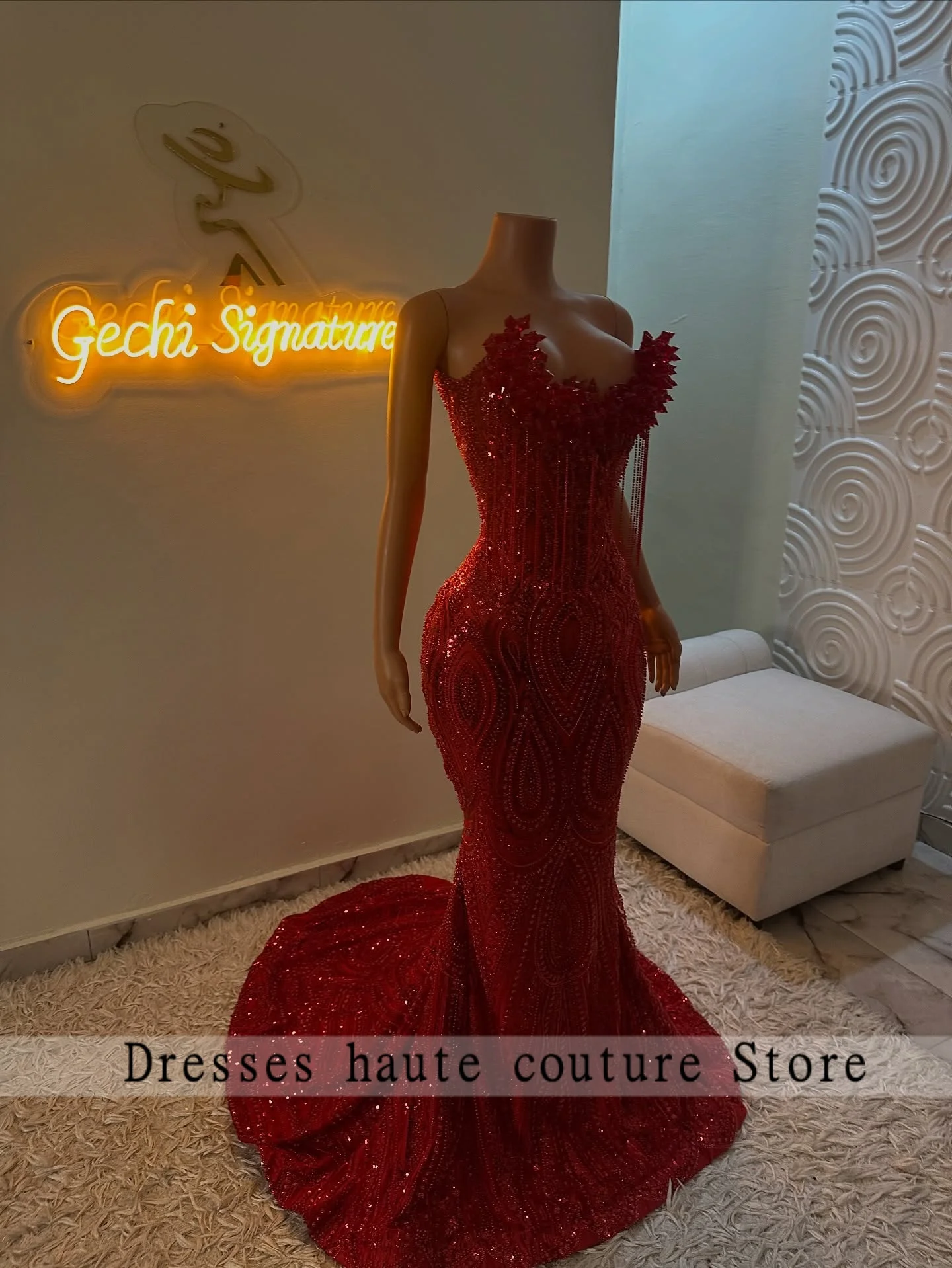 Vestido de fiesta de diamantes de cristal con lentejuelas y cuentas rojas, vestido Formal de sirena con borlas para fiesta de cumpleaños para niña negra, personalizado, 2026