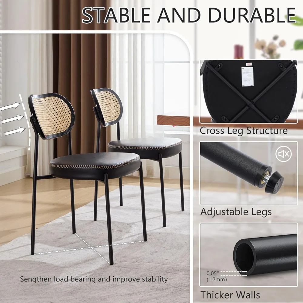 Rattan Dining Chairs Set of 2, Black Leather Upholstered Dining Chairs with Rattan Cane Back, Mid Century Modern Dining Room