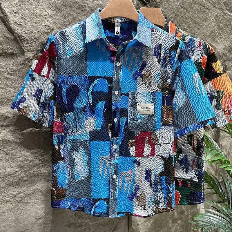 Trendy brand full print short-sleeved shirt men's summer ruffian handsome loose trend design shirt jacket