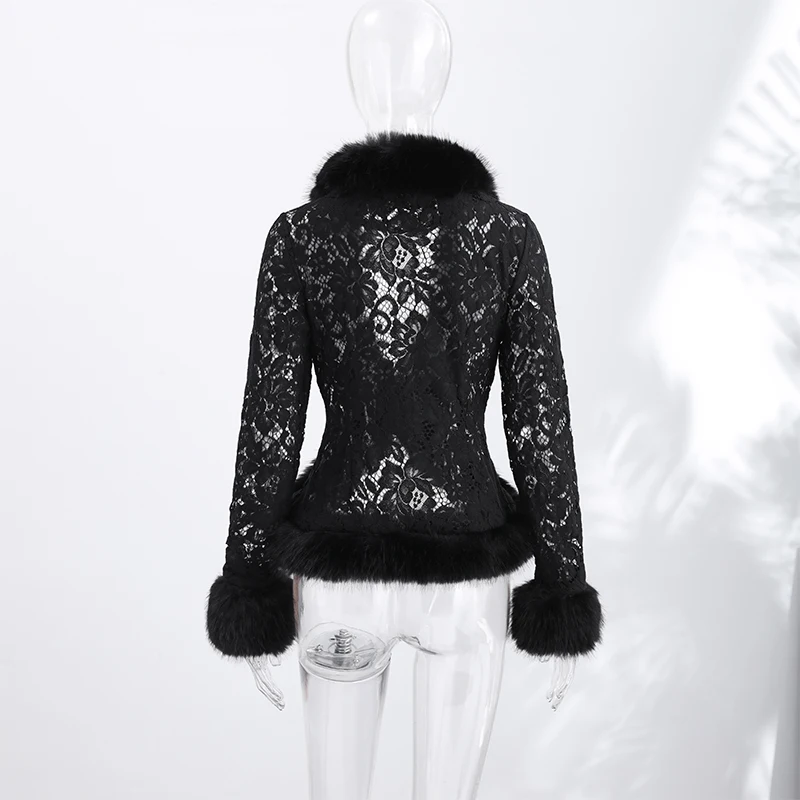 Modischer Wintermantel aus Kunstpelz mit Spitzen-Patchwork und Blumenmuster, Langarm, Damen-Oberbekleidung, Schicke Damen-Streetwear für Partys, Herbst 2026 – Detail 2