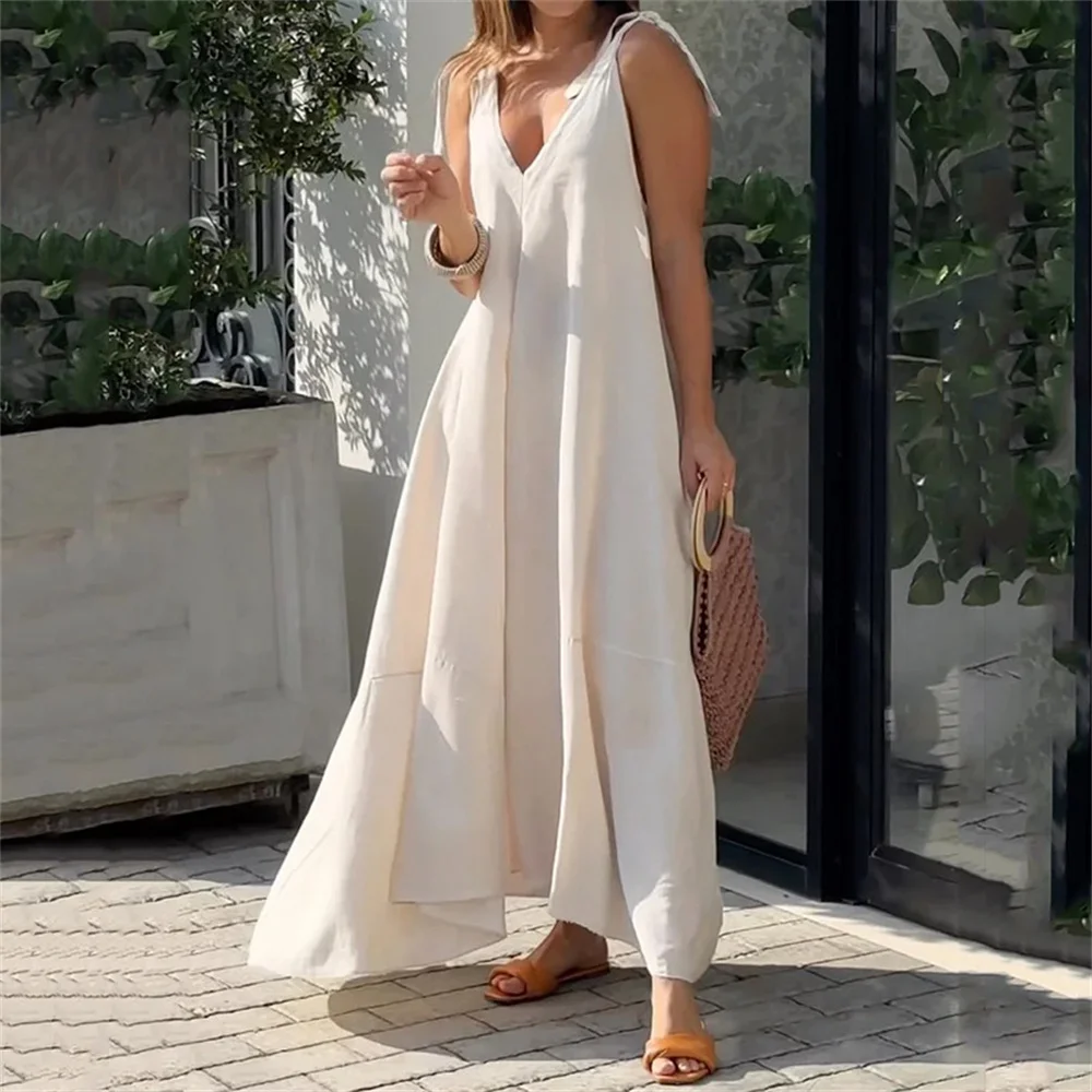 

Women Loose Spaghetti Strapless Maxi Dress Summer Holiday Beach Solid Sleeveless V Neck Lace-up Shoulder Strap Long Dress