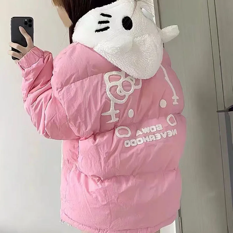 

Мультяшная куртка Sanrioed Hello Kittys на хлопковой подкладке, женское зимнее пальто на молнии с капюшоном, свободная теплая верхняя одежда для девочек, утолщенная