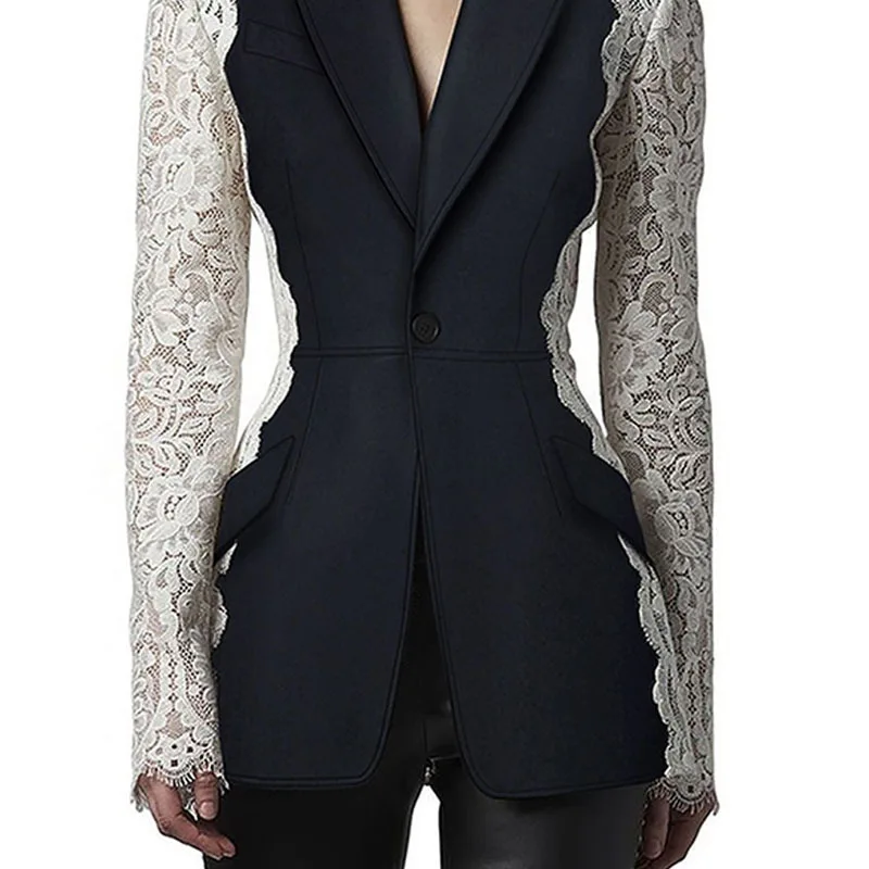 Splicing Colors Women Suit Blazer Lace Black Jacket 1 Piece Elegant French Haute Couture  One Button Coat In Stock