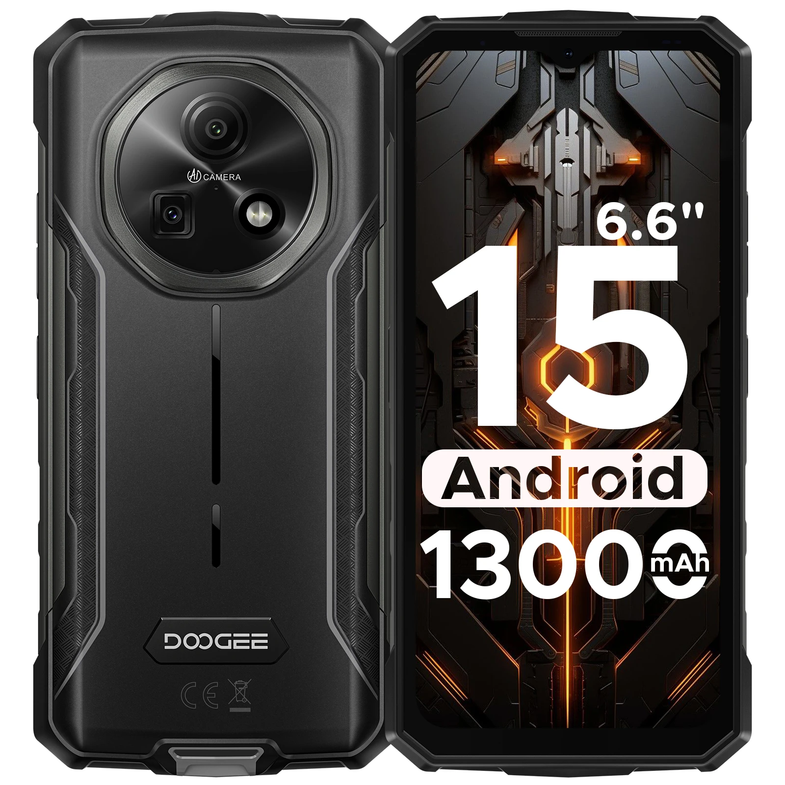 DOOGEE Fire 5 téléphone robuste 13000mAh grande batterie 6.6 ''HD + affichage 12GB RAM (3GB + GB) 64GB ROM Android 15 Smartphone NFC