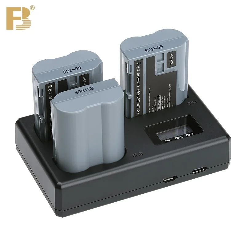 FB EN-EL15 el15c battery 3 slot charger for Nikon camera D750 D800E Z5 d780 D7200 D800 D500 D610 z7ii z6ii D850 D7100 D7500 D600