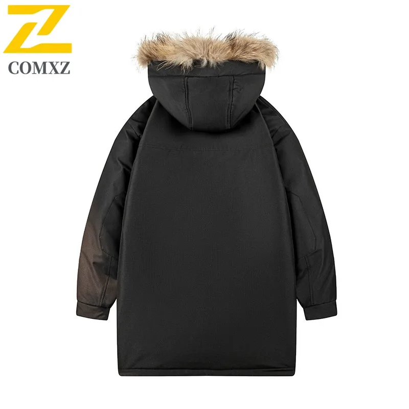 COMXZ الشتاء طويل أسفل سترة زوجين ارتداء كبير الفراء طوق عمال عادية تنوعا الحرارية مقاوم للماء يندبروف معطف مقنع 2025