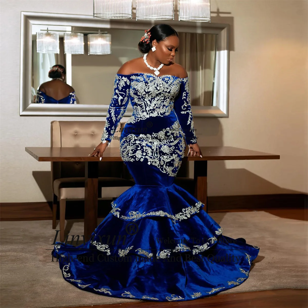 Royal Blue Velvet African Prom Dresses Off the Shoulder Heavy Beading Mermaid Formal Evening Gown Long Black Women Party Dress