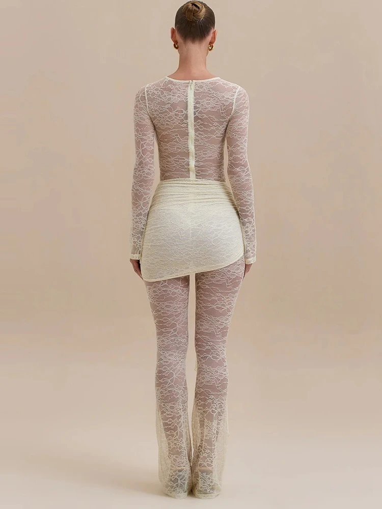 Oniflyme 레이스 패치 워크 쉬어 섹시한 점프 슈트 여성 가을 ​​라운드 넥 긴 소매 셔링 플레어 점프 슈트 우아한 파티웨어 롬퍼