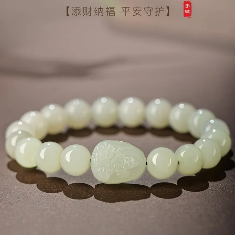 

Natural Hetian Jade Qinghai Material Bracelet Female Zodiac Rabbit Blessed Buddha Beaded Prayer Bracelet Gifts