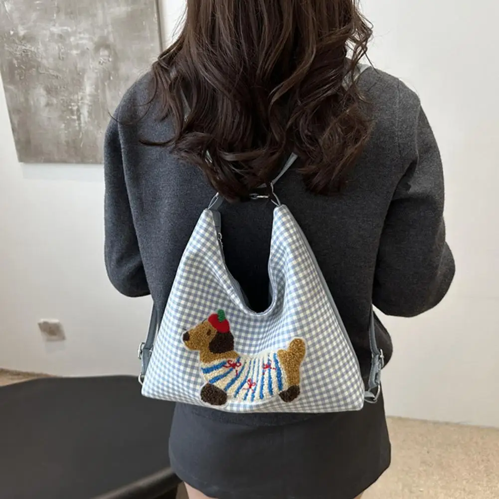 

Crossbody Bag Plaid Print Dog Embroidery Shoulder Bag with Adjustable Strap for Women Dumpling Shape Underarm Bag for Shopping
