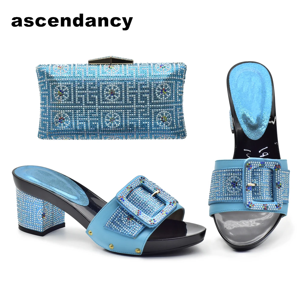 Sky Blue Color Italian Matching Shoe and Bag Set Ladies Italian Shoes and Bag Set Decorated with Rhinestone Nigerian Women Shoes