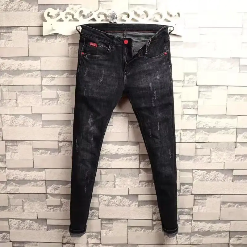 Slim Fit Men's Jeans Korean Style  Nine Points Spring Autumn Fashionable Youthful Straight Leg Cotton Polyester Blend