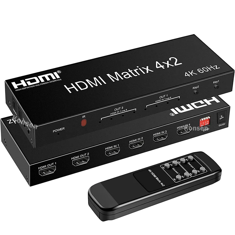 4x2 HDMI Matrix with Audio Extractor 4K 60Hz Matrix HDMI 2.0 Switch Splitter 4 In 2 Out with Optical + 3.5mm Audio Out HDCP2.2