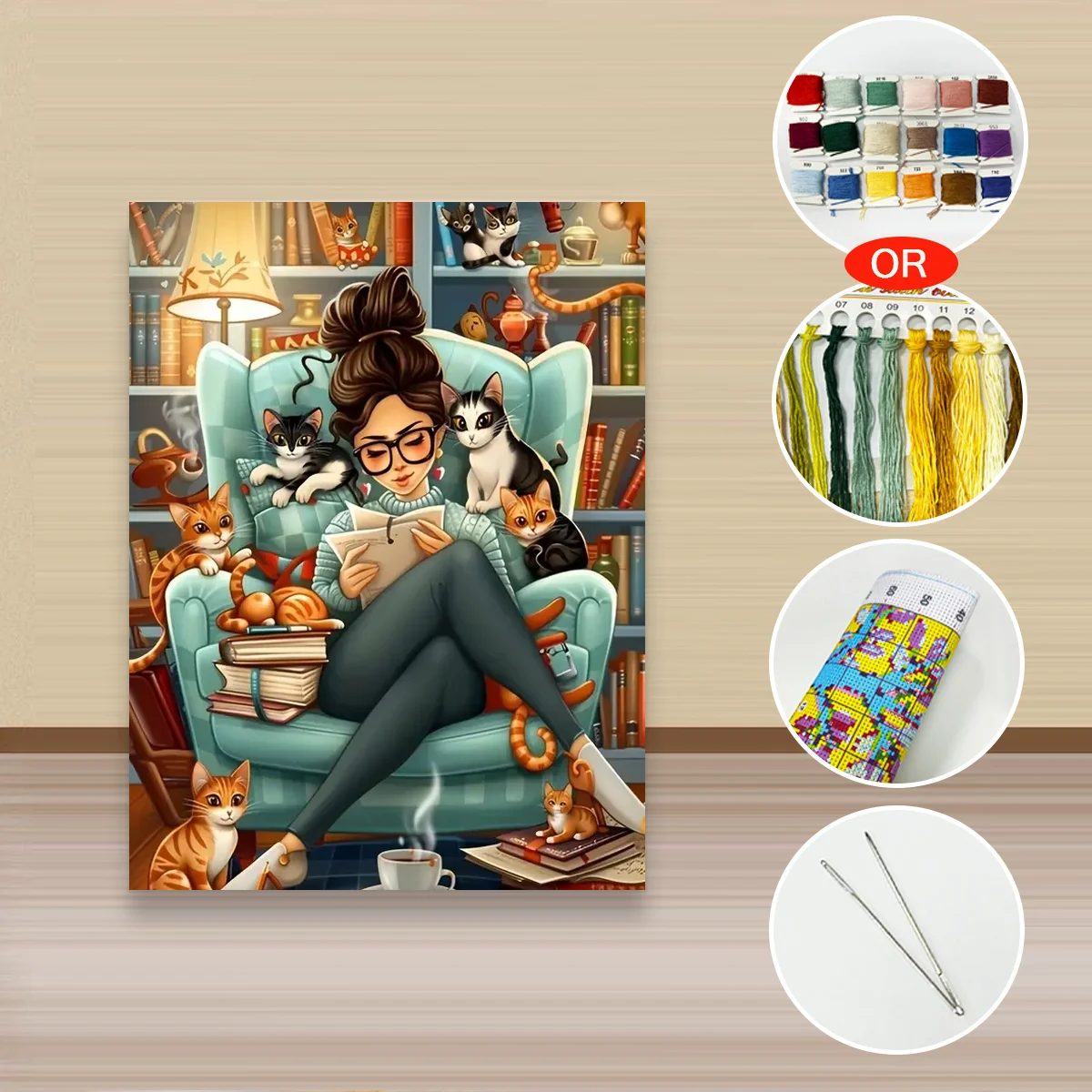 1Set  30X40CM/11.8X15.7in ,11Ct/14Ct Cross Stitch Kit Diy Glasses Girl Cats Reading Armchair Gift Embroidery Set For Festival