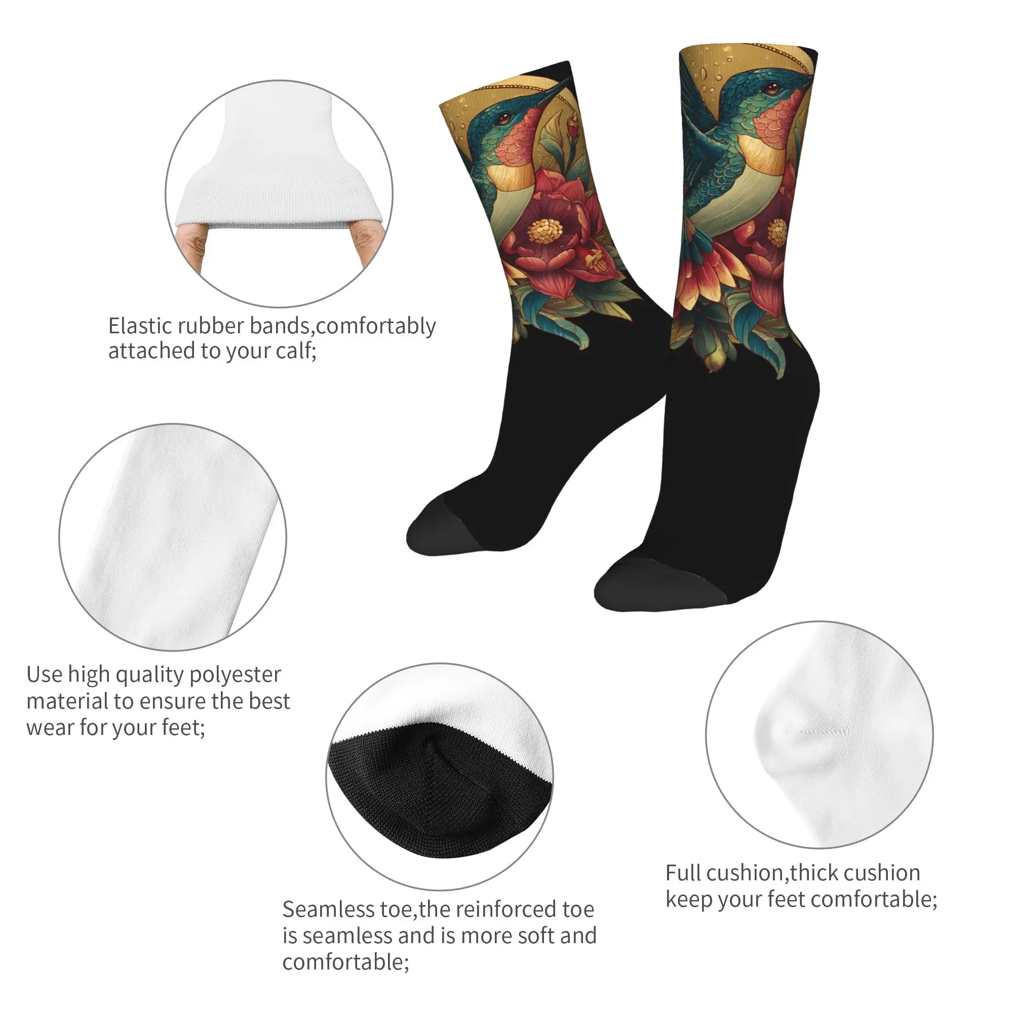 Harajuku Hummingbird Animal Lover Art Tropical Bird Basketball Socks  Polyester Crew Socks for Unisex Non-slip