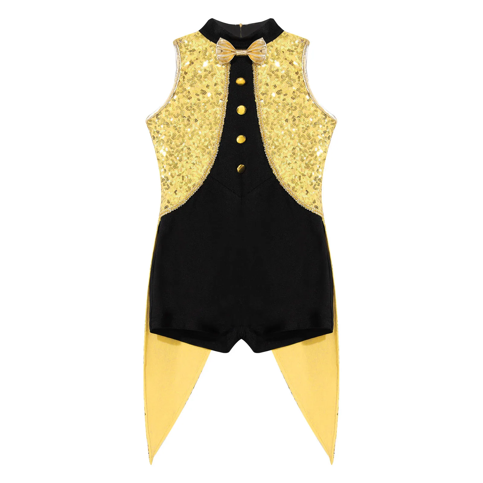 

Halloween Kids Girls Circus Magician Cosplay Costume Mock Neck Sleeveless Shiny Sequins Short Jumpsuit with Bowtie And Coattails