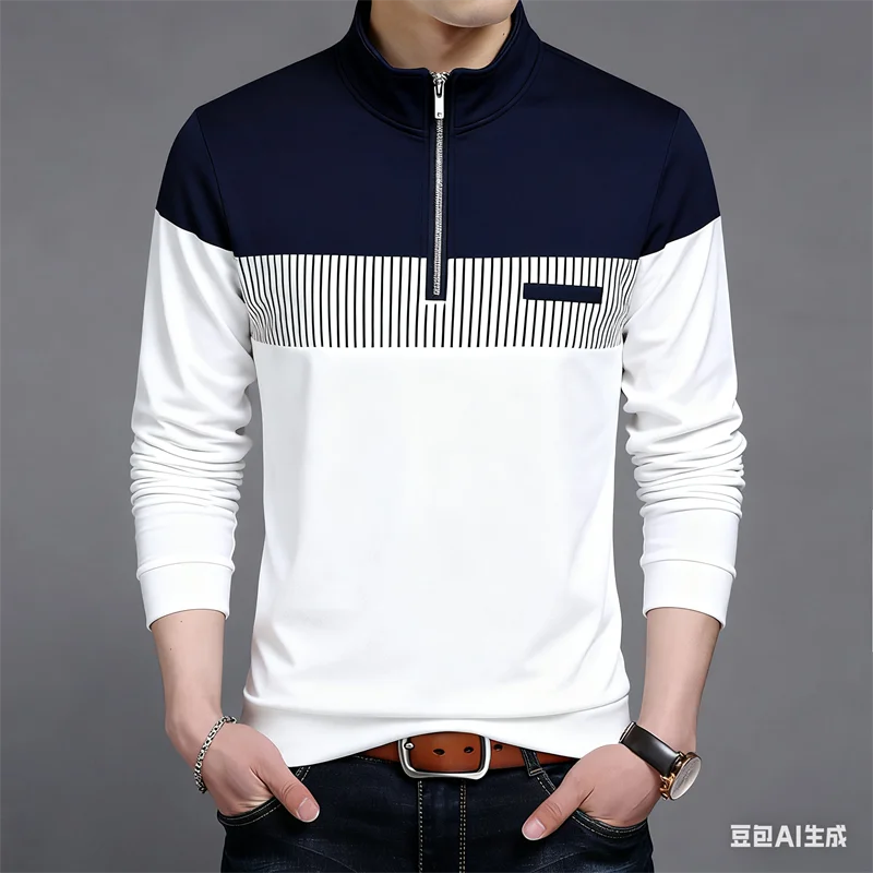 

Men's Half-Zip Stand Collar Shirt 3D Striped Color Block Print Long Sleeve Tops Autumn And Winter Business Casual Men Sweatshirt