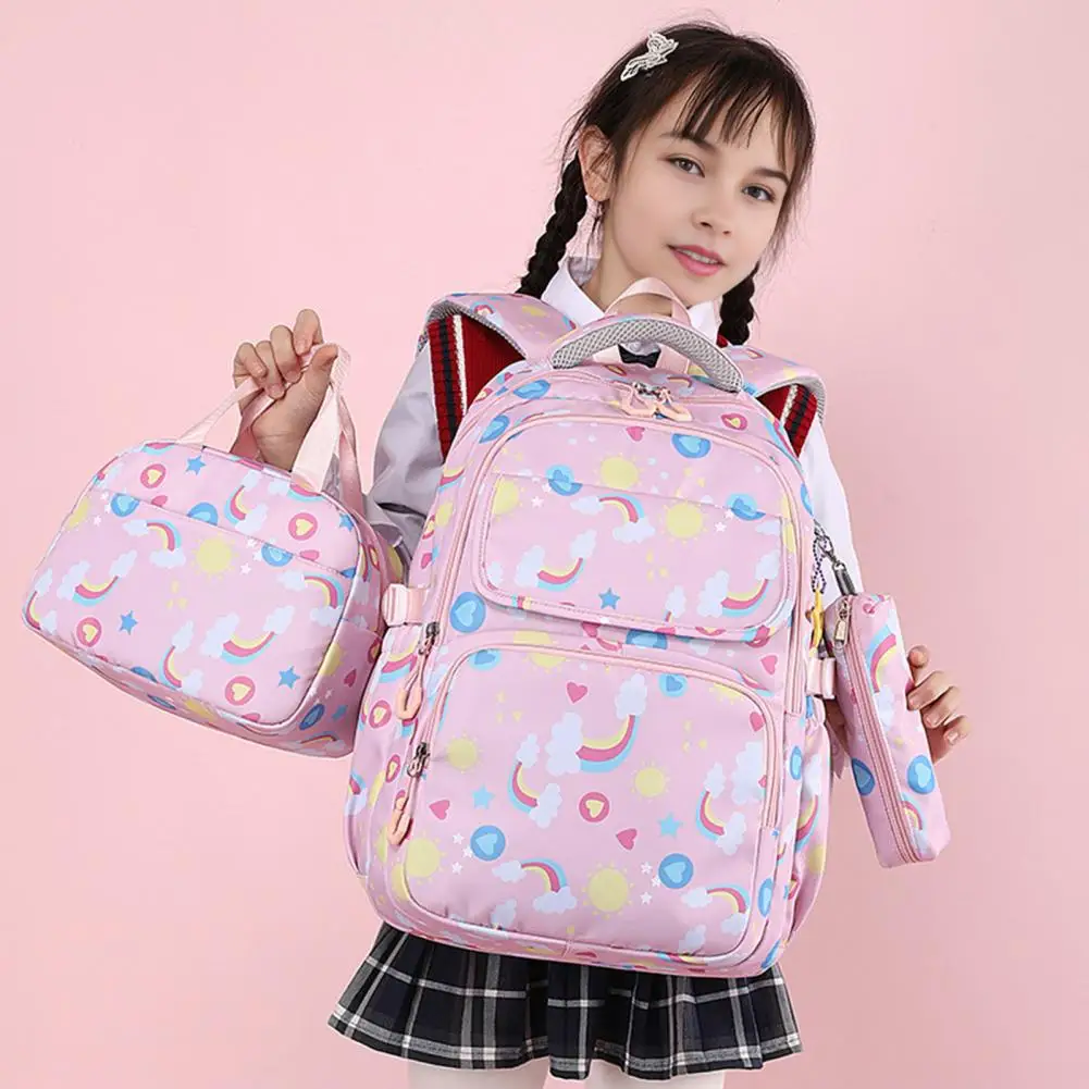 Lightweight Children Backpack Cartoon Print Children School Bag Set with Lunch Bag Pencil Bag Lightweight Grade 3-6 for Travel