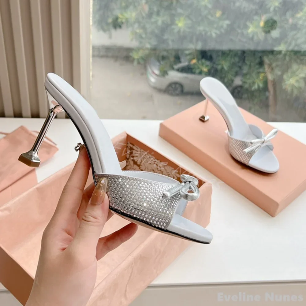 

Bling Rhinestone Butterfly Knot Slides Women Round Toe Shallow Straight Strap High Heels Slippers 2024 New Fashion Sexy Sandals