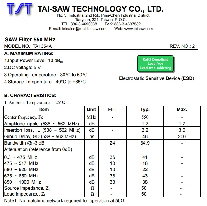 10Pcs/Lot New Original SAW Filter 550MHz SMD 3.8x3.8mm RF Surface Acoustic Wave TA1354A Code 1354 (BW=24MHz)