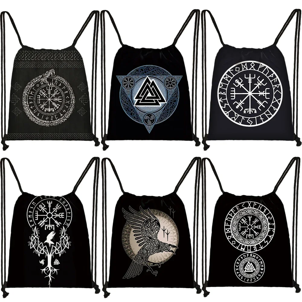 Nordic Runes Odin Pattern Drawstring Bags Vegvisir Ouroboros Backpack for Travel Shoes Storage Bag Holder Teenager Bookbags 