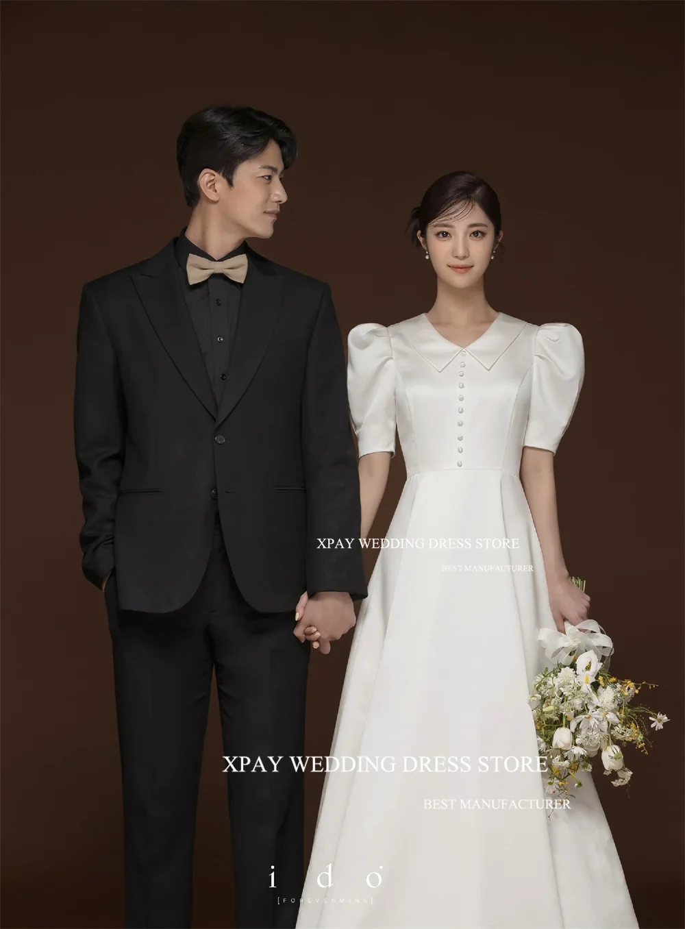 XPAY V Neck Simple Korea Wedding Dresses Short Lantern Sleeves Bridal Gowns Customised Floor Length Satin A Line Bride Dress