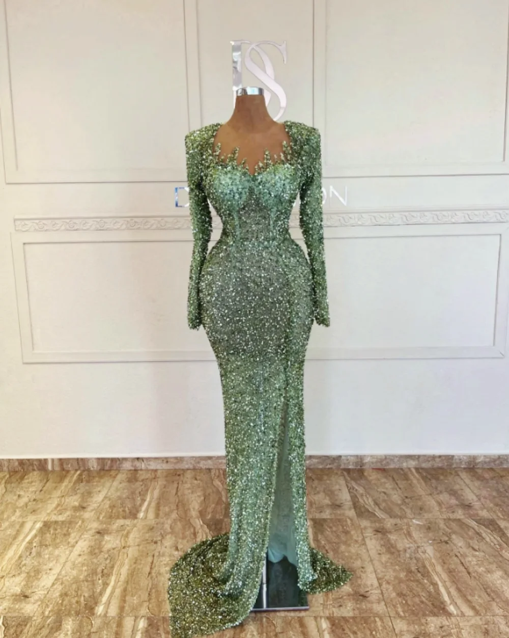 

New Luxury Women Prom Dress Sheer O-Neck Long Sleeves Special Evening Dress Sparkly Sequin Memaid Cocktial Dress Party Dress