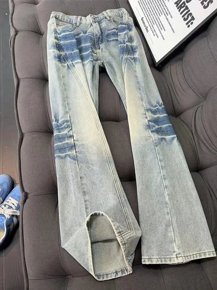 

Blue Lightning Pattern Men's Jeans High Street American Style Autumn Straight Leggings Visual Lengthening Micro Flared Pants