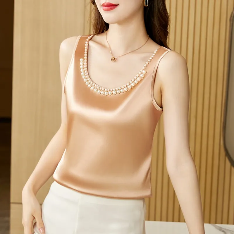 Satin Blouse Women Pearl Elegant Blouses Silk Womens Tops Suit Bottom Shirt Female Clothing M-4XL Shirts and Blouses Ladies Tops
