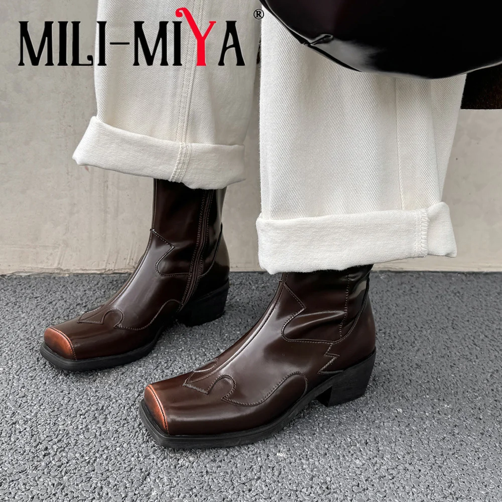 MILI-MIYA модные женские ботильоны, новый дизайн, осенняя обувь из натуральной кожи с квадратным носком на толстом высоком каблуке, повседневная повседневная обувь MILI-MIYA модные женские ботильоны, новый дизайн, осенняя обувь из натуральной кожи с квадратным носком на толстом высоком каблуке, повседневная повседневная обувь