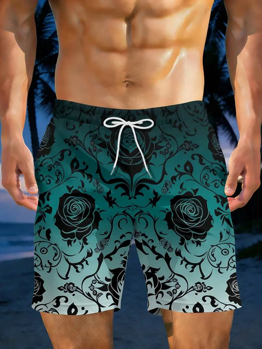 

Mens Gothic Floral Print Beach Shorts Black Rose Pattern Elegant Summer Swim Trunks