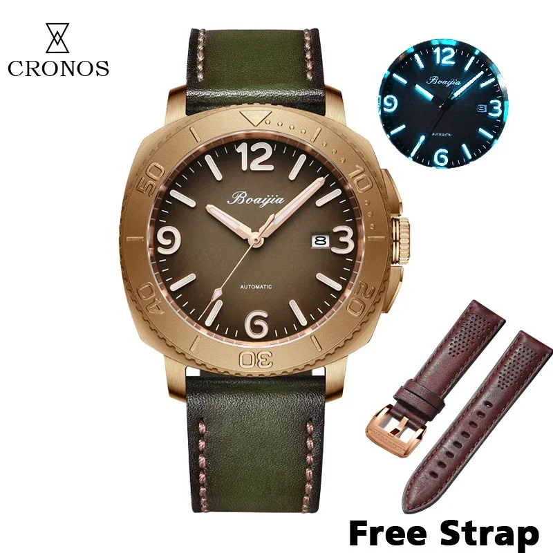 Cronos Boaijia Bronze Watch For Men CuSn8 Solid Bronze 9015 Movement Automatic Genuine Leather Strap BGW9 Lum