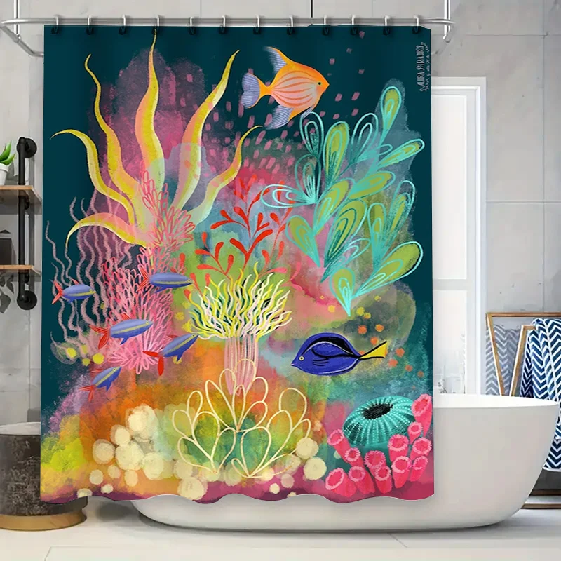 

Занавеска для душа «Подводный рай», художественный декор морской жизни для ванной комнаты, разноцветная рыба, коралловый дизайн, ткань с акварельным принтом