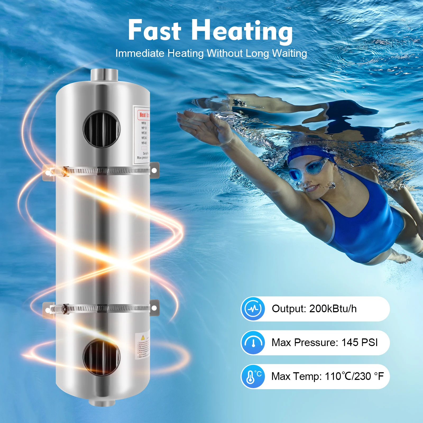 

НОВЫЙ Термобаллон из нержавеющей стали с защитой от ржавчины, 200 кВт/ч, 48,5*14 см, с резьбовыми портами для подключения, для спа и бассейнов