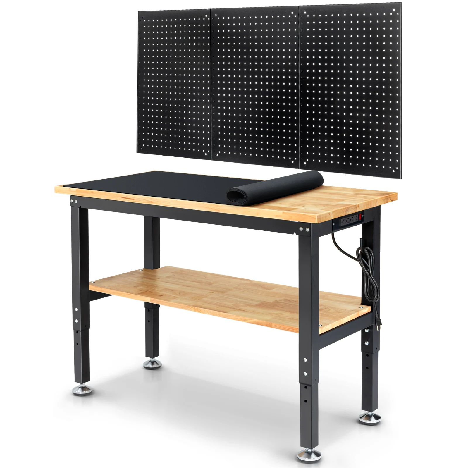 

48inch Woodworking Table Work Table for Garage Adjustable Height Rubber Wood Workbench with Storage Work Bench for Workship