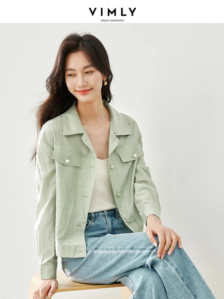 

VIMLY, повседневная зеленая куртка-рубашка, женская куртка, весна-осень 2022, однобортные топы с лацканами и длинными рукавами, женская одежда M5921