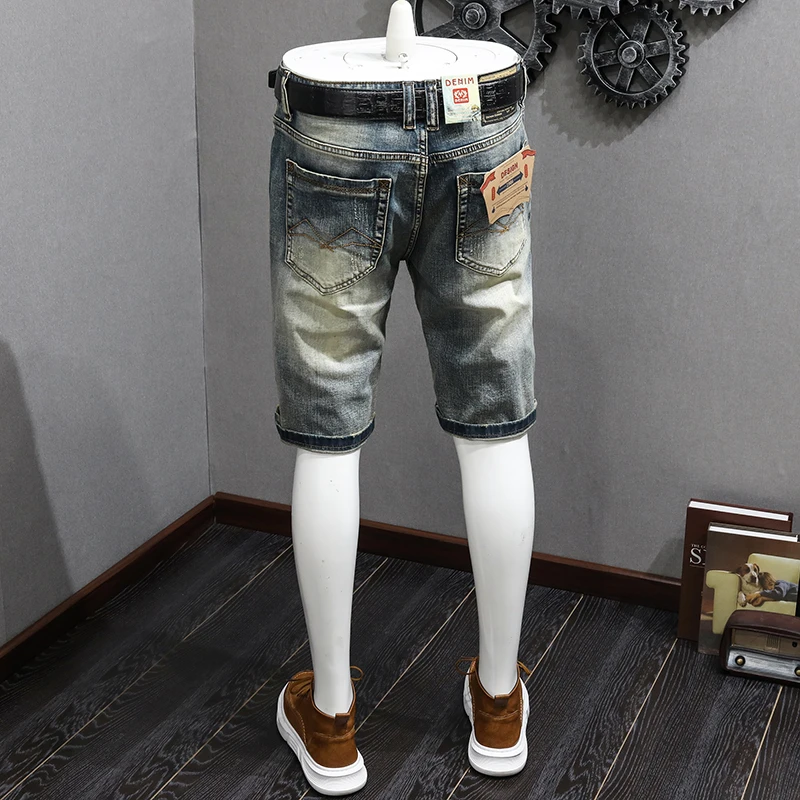 Ripped Motorcycle Denim Shorts Men's Summer Thin Trendy Retro Funny All-Matching Slim Fit Stretch Casual Fifth Pants