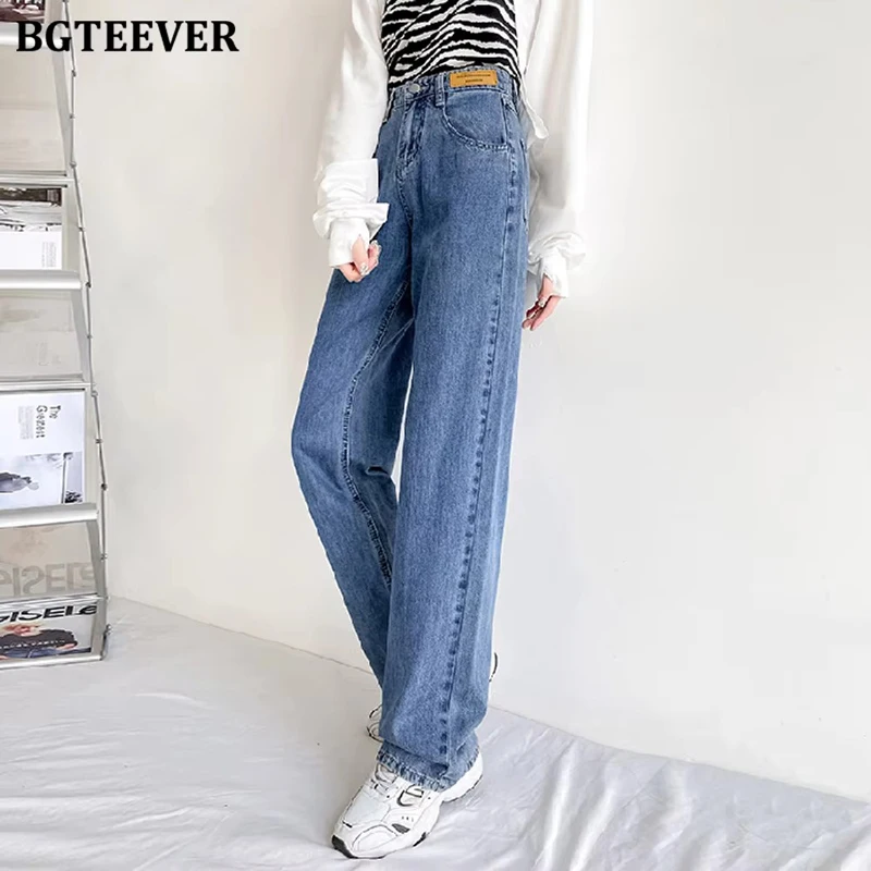 

BGTEEVER Chic Loose Female Wide Leg Jeans Casual High Waist Ladies Single Button Ladies Denim Pants Women Long Jeans Trousers