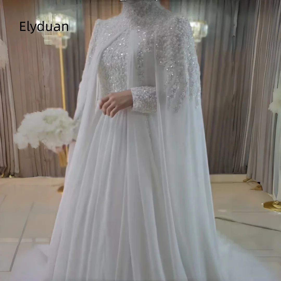 Muslim Wedding Dress with Cape High Neck Long Sleeve Beaded Chiffon A Line Bridal Gown Islamic Dubai Abaya Bride Robe Customized