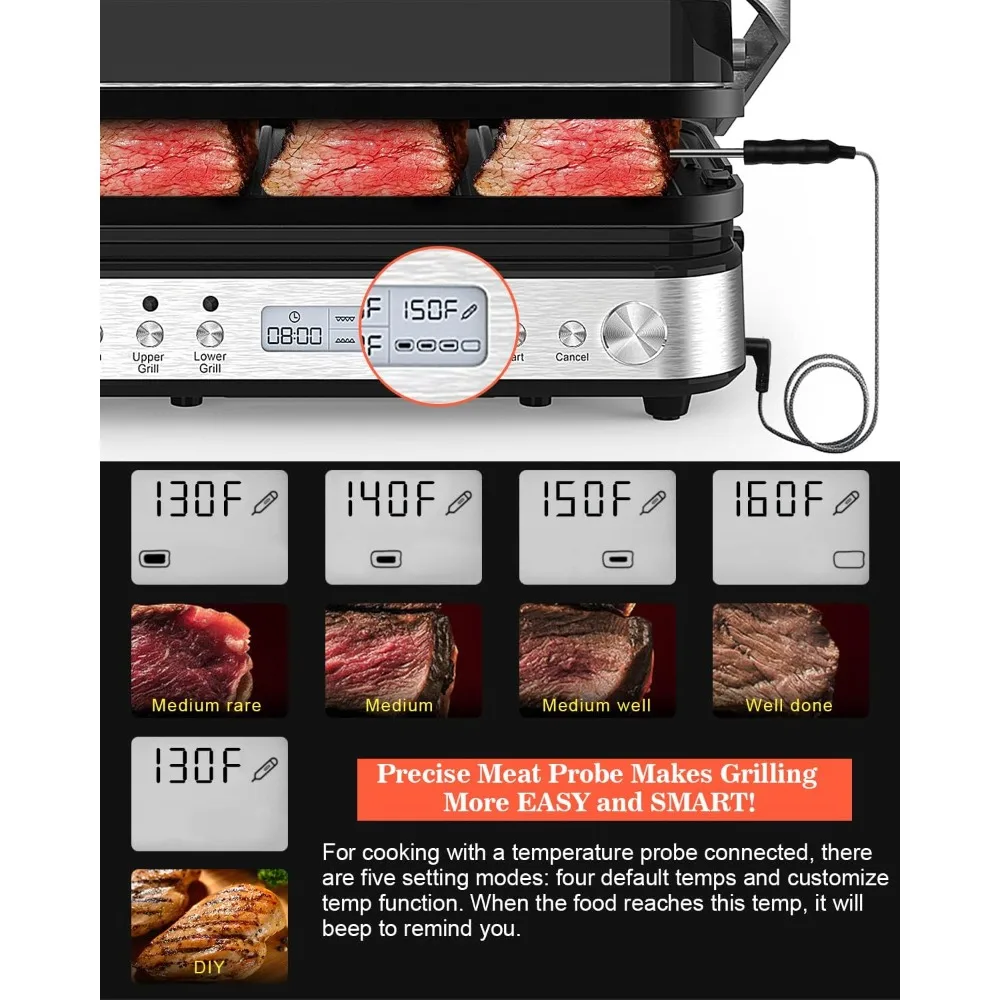 with Removable Plates, 6 in 1 Indoor Grill & Griddle with Meat Thermometer, CATTLEMAN CUISINE