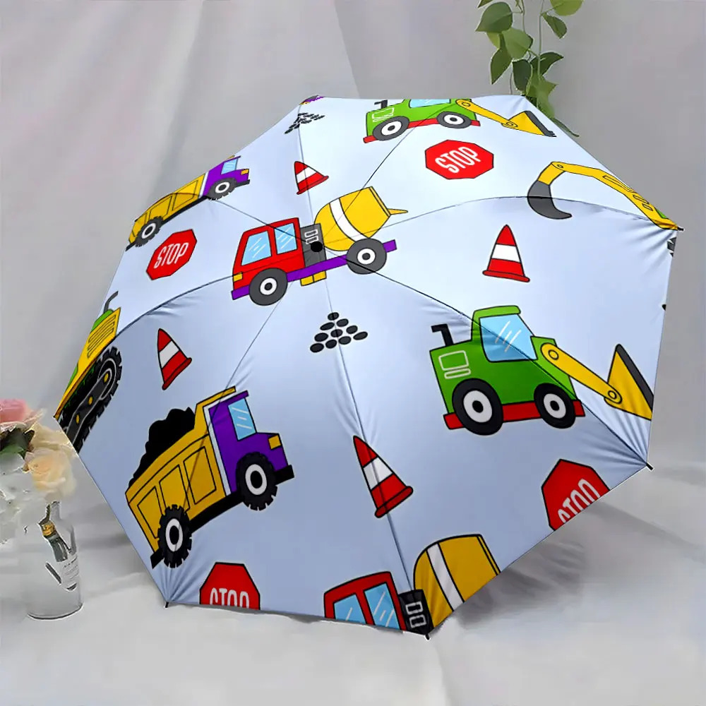 1PC Colorful Construction Vehicles Umbrella Design for Kids Print 8 Iron Ribs Folding Umbrella Auto-Open Fashion Sunshade