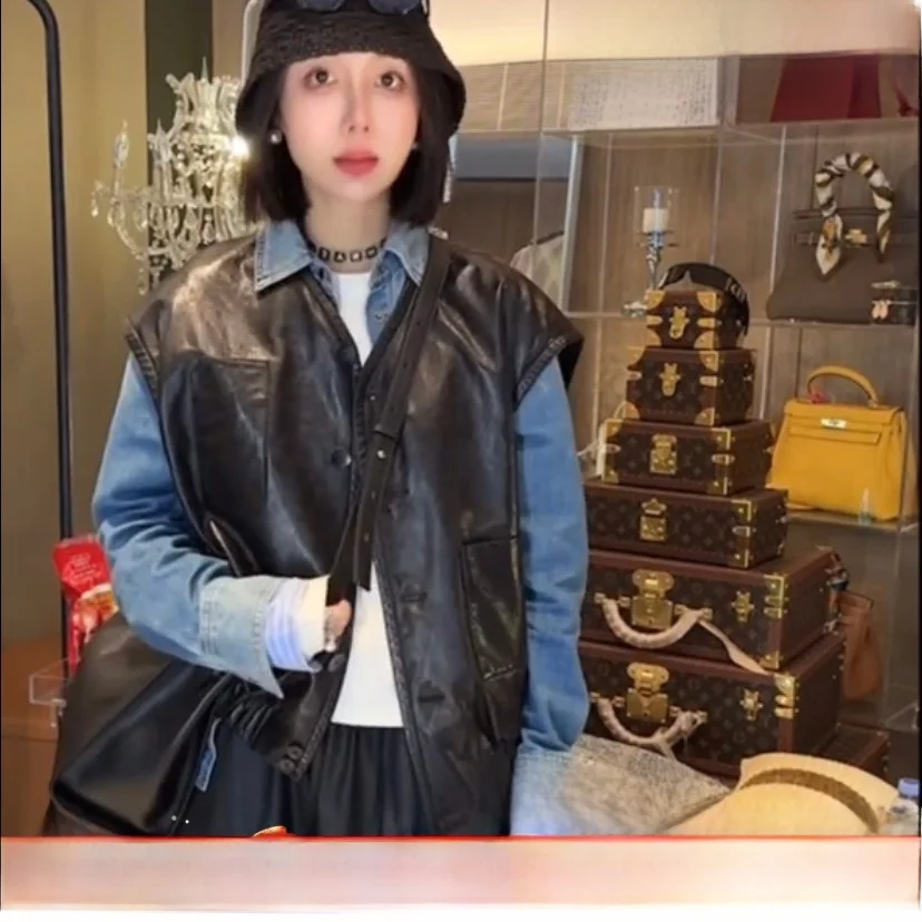 Xiaoran 2025 lente nieuwe Sle ort eepskin Svel vest dames faionable veelzijdige bovenkleding Ele trendy