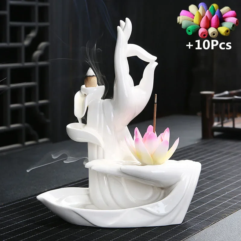Mit 10 Stück Räucherkegeln, Keramik-Räuchergefäß, Buddha-Hand-Rückfluss-Räucherbrenner, Lotus-Räucherstäbchenhalter