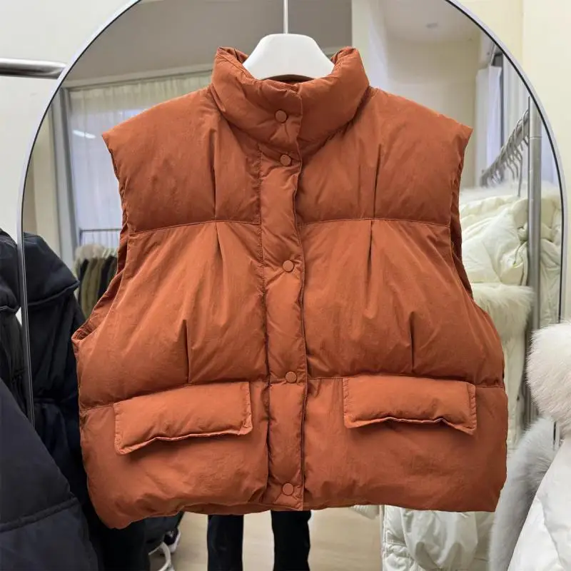 

Women's Loose Fit down Vest Korean Sle Stand Collar Du Feather Warm Faionable Winter Outerwear Straight Cut Long Sve