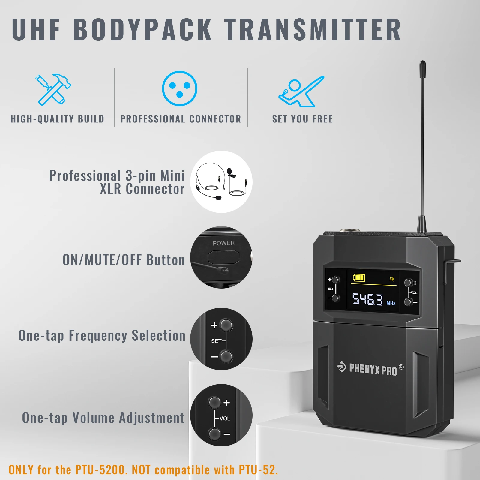 PWB-52|Phenyx Pro Wireless UHF BodyPack Transmitter Compatible With Receiver PTU-52